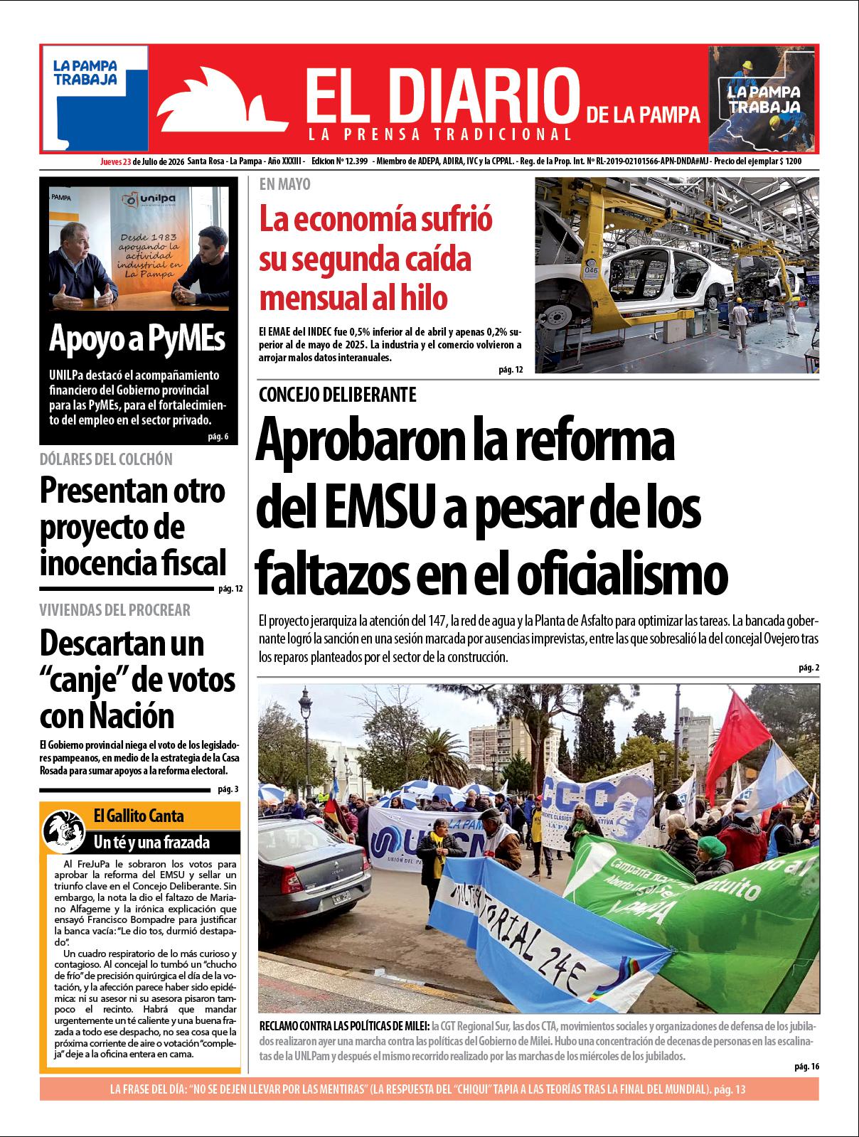 Tapa de El Diario en papel  jueves 23 de julio de 2026